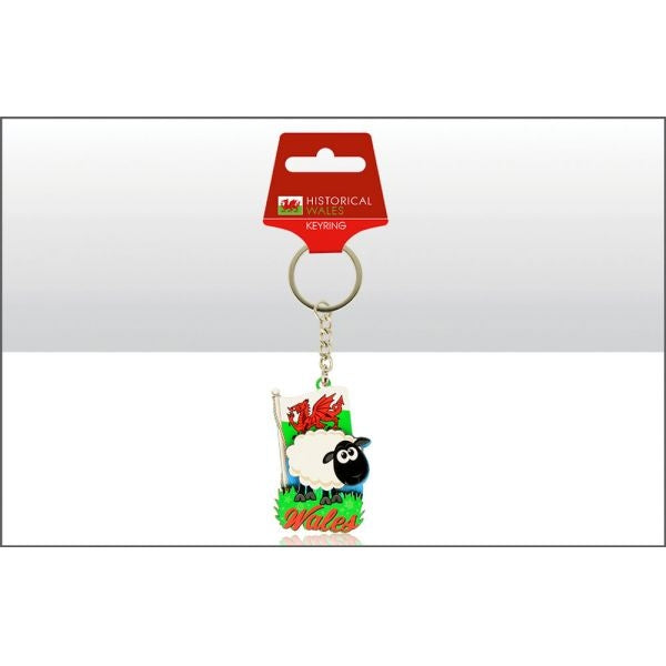 Wales Flag & Sheep Wood Keyring