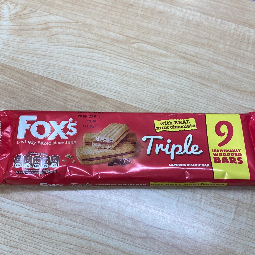 Fox’s triple layered biscuit 9 pack low date august 2023